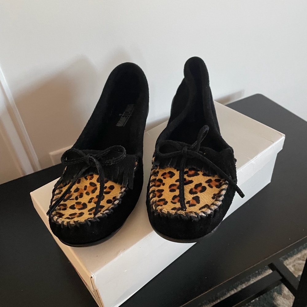 Minnetonka Black Moccasins with Leopard Accent